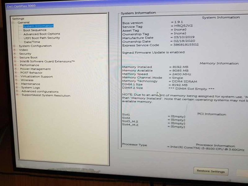 Dell OptiPlex 3060 - i3 - 8100 CPU  @ 3.60GHz  8GB DDR4 Ram