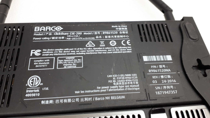Barco ClickShare CSE-200 R9861520NA Wireless Presentation Device Base Unit On &