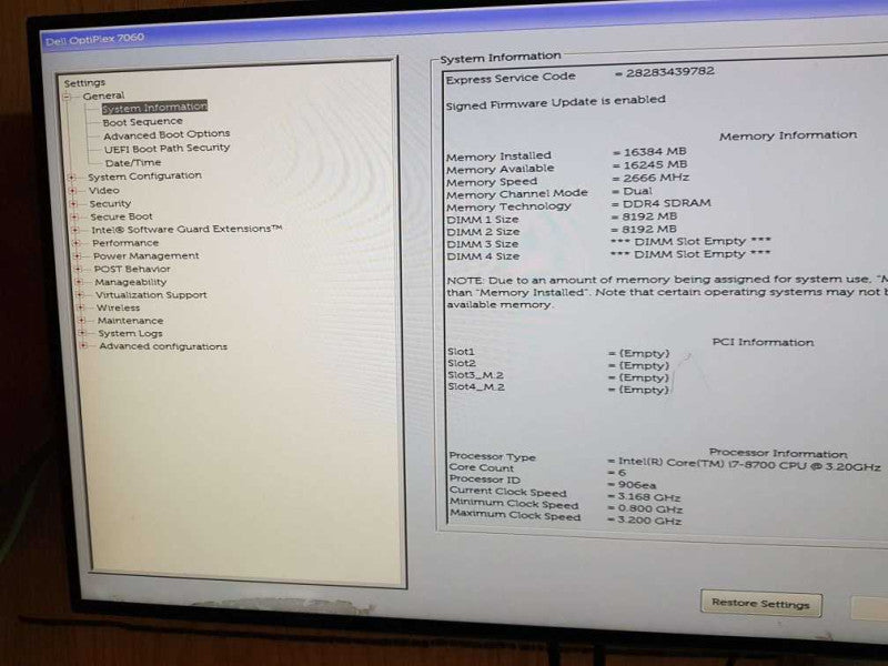 Dell OptiPlex 7060 SFF Intel i7-8700 CPU  @ 3.20GHz 16GB DDR4 RAM