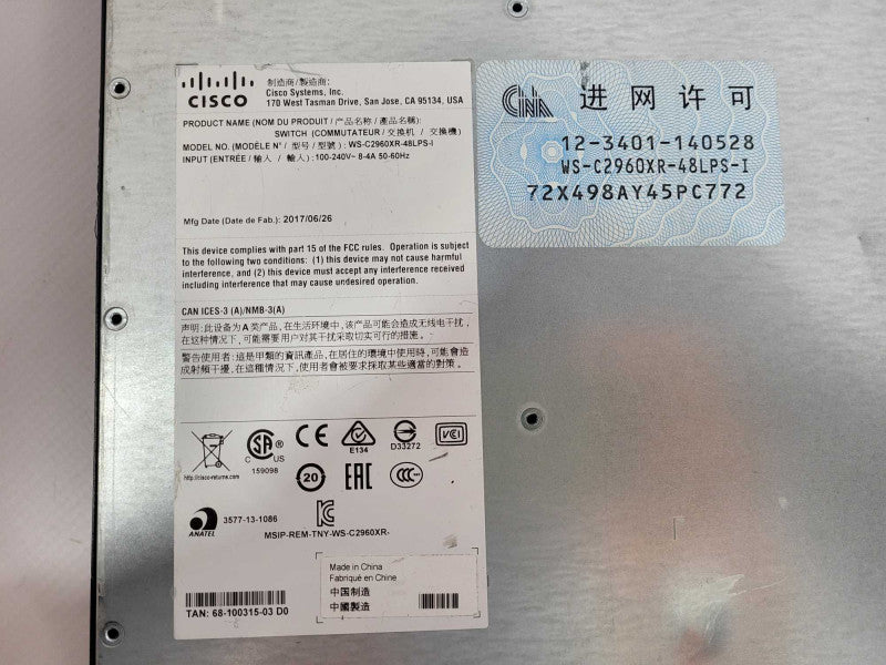 Cisco WS-C2960XR-48LPS-I 48-Port GigE 4x1G SFP PoE+ Switch READ $