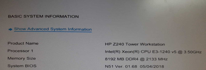 HP Z240 TWR Workstation E3-1240v5 @ 3.50 GHz 8GB DDR4 NO HDD QUADRO K2200 GPU