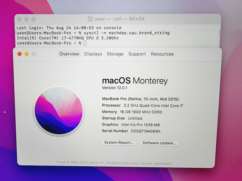 Apple Macbook Pro Retina 2015 15\\" Core i7-4770HQ @ 2.2GHz 16GB DDR3 500GB SSD (