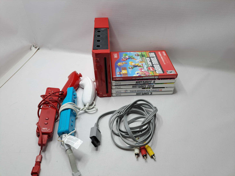 Nintendo Wii (RVL-001) Red Console Bundle 2 Controllers AV Cable + 5x Games )