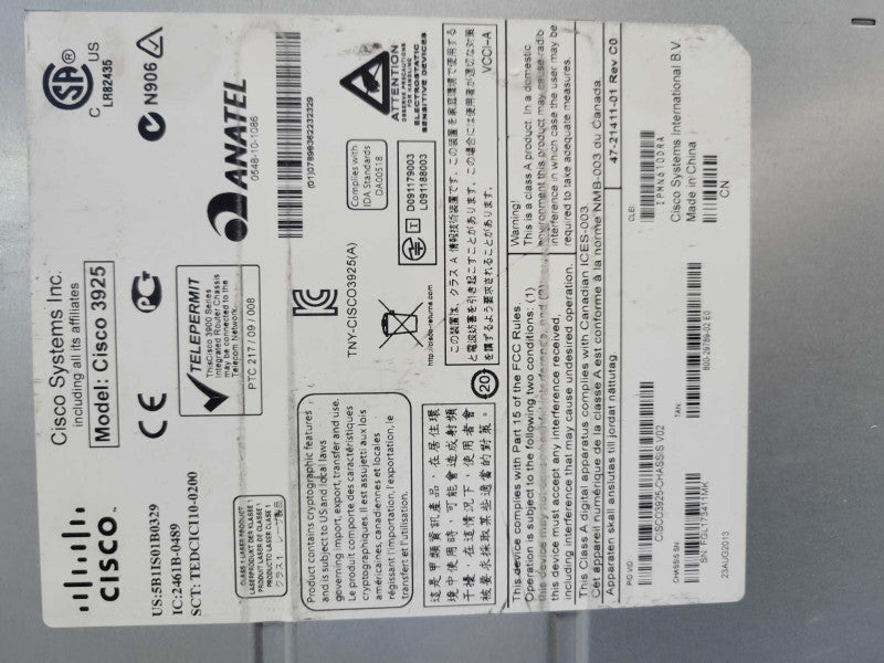 Cisco 3925 Integrated 3900 Series Services Router w/ C3900-SPE200/K9