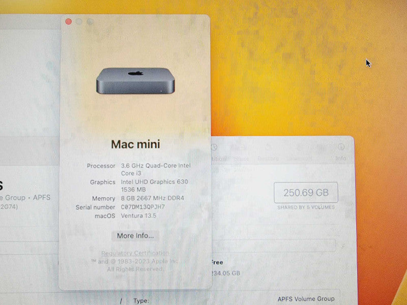 Apple Mac Mini 2018 Core i3-8100 @ 3.6GHz 8GB DDR4 250GB SSD (