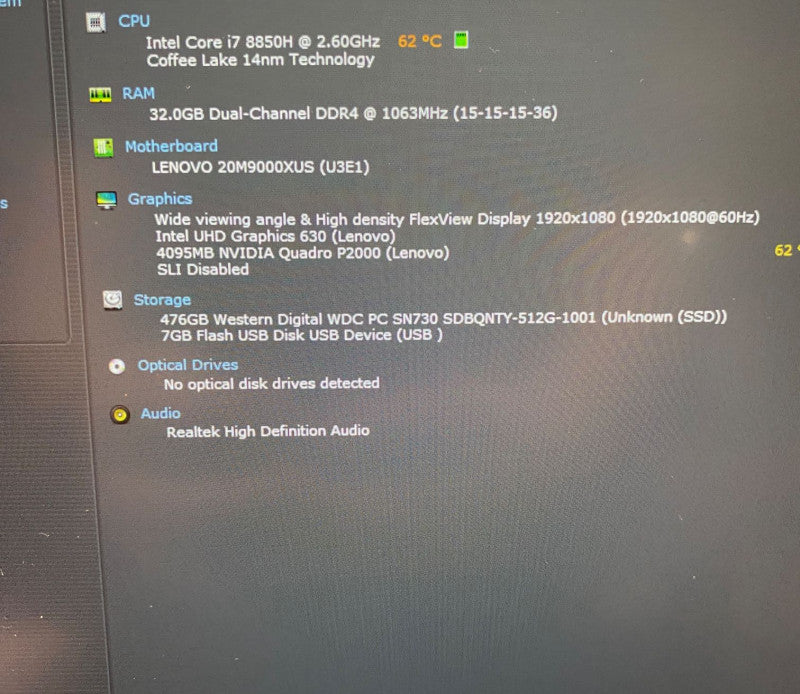 Lenovo ThinkPad Laptop Intel i7-8850H QUADRO P2000 4GB GPU 32GB RAM 512GB SSD