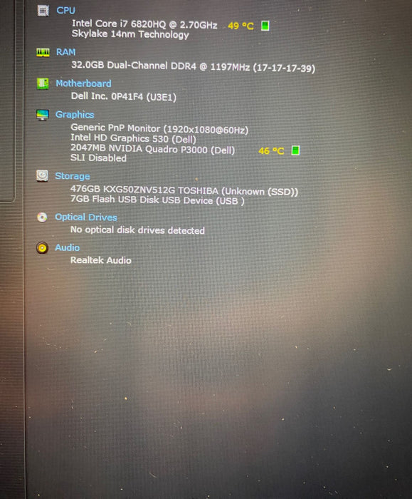DELL Precision 7720 Intel i7-6820HQ QUADRO P3000 2GB GPU 32GB RAM 512GB SSD