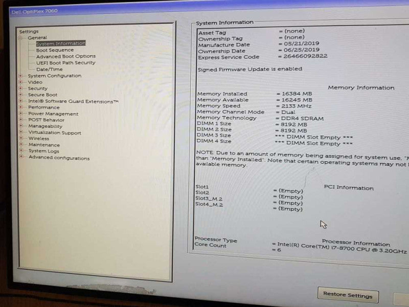 Dell Optiplex 7060 SFF i7-8700 CPU @  3.20GHz 16GB DDR4 RAM