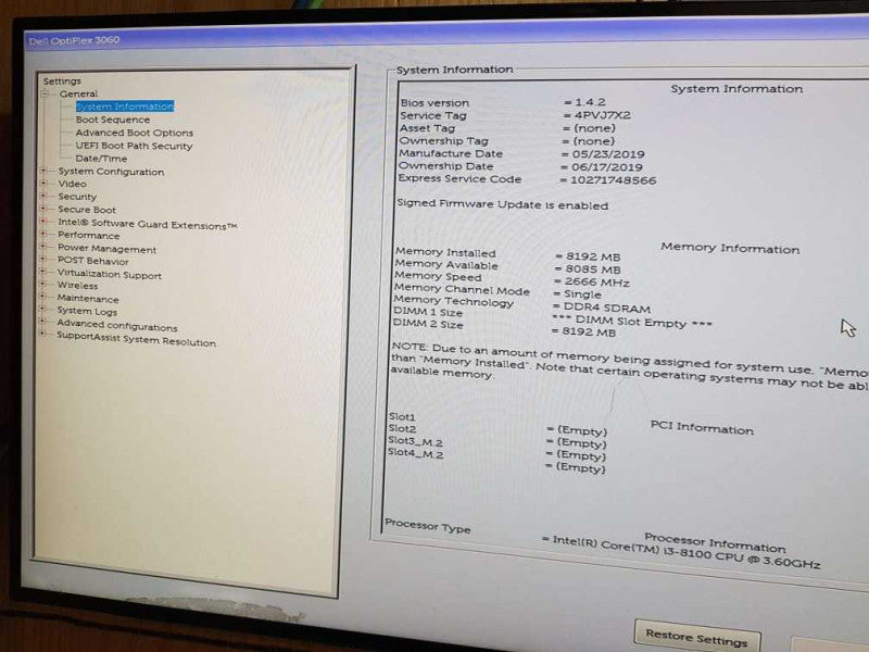 Dell OptiPlex 3060  Core i3 - 8100 CPU @ 3.60GHz 8GB DDR4 Ram