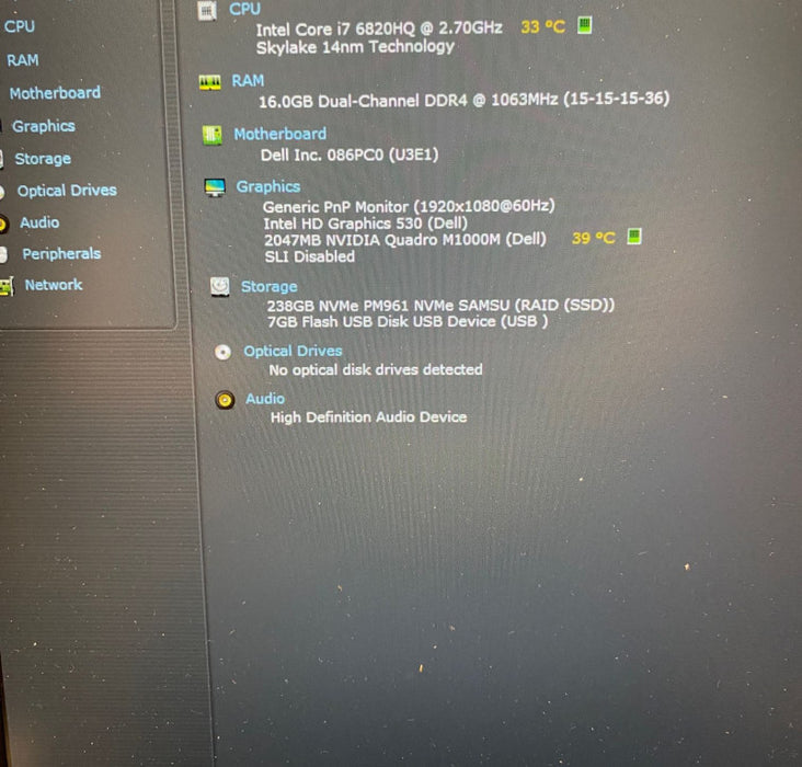 DELL PRECISION 7510 Intel i7-6820HQ QUADRO M1000M 2GB GPU 16GB RAM 256GB SSD Q