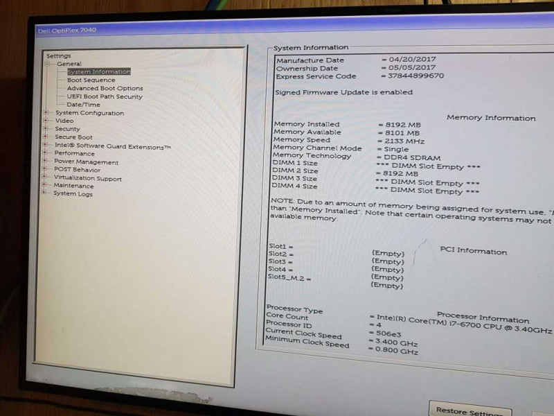 Dell OptiPlex 7040 SFF Core  i7-6700 CPU @ 3.40GHz 8GB  DDR4 RAM