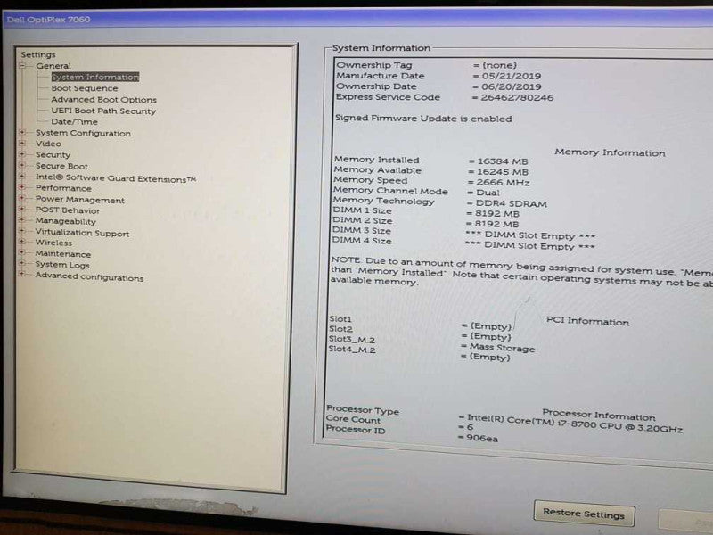Dell Optiplex 7060 SFF i7-8700 CPU @ 3.20GHz 16GB DDR4 RAM