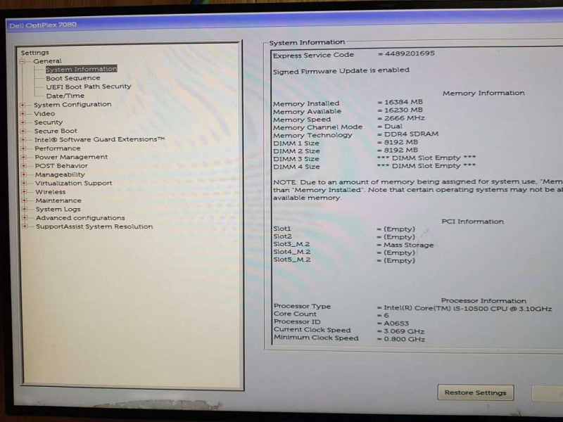 Dell Optiplex 7080 Intel(R) Core (TM) i5-10500 CPU @ 3.10GHz 16GB DDR4 Ram Q