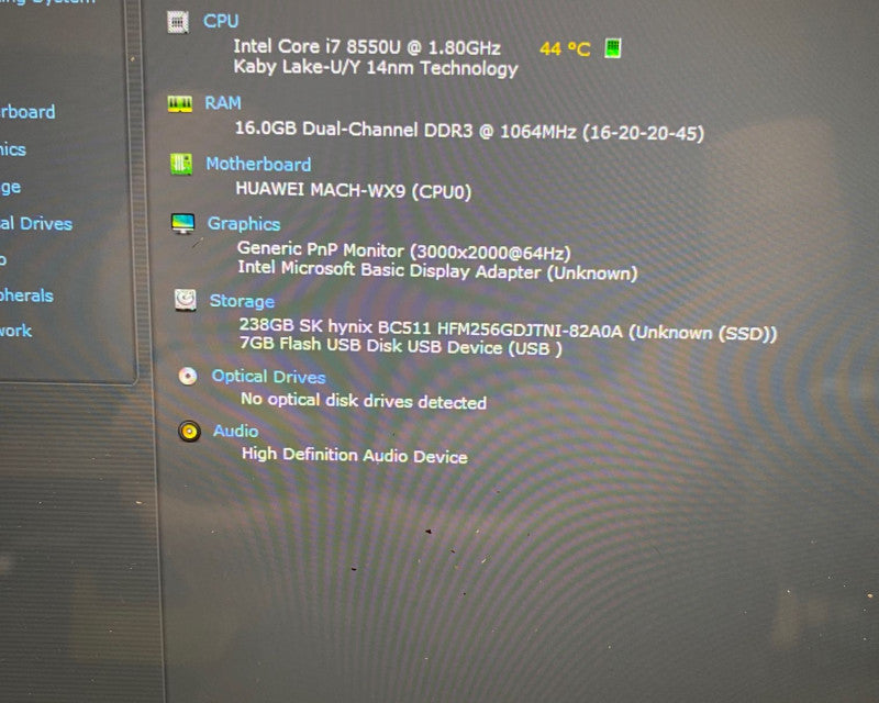 HUAWEI MATEBOOK MACH-WX9 Notebook Intel i7-8550U @1.80GHz 16GB RAM 256GB SSD