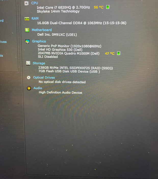 DELL PRECISION 7520 i7-6820HQ @2.7Gz Quadro M1000M 2GB GPU 16GB RAM 256GB SSD