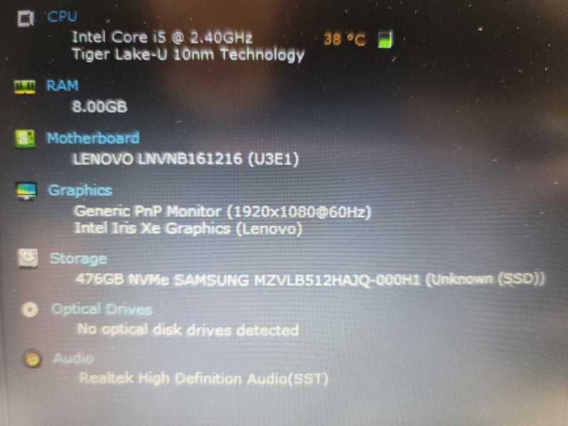 Lenovo V14 G2 ITL i5-1135G7 @ 2.40GHz, 8GB DDR4, 512GB NVMe QÎ²