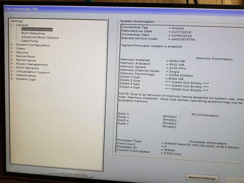Dell PowerEdge T30 MT XEON CPU E3-1225 v5 3.30GHz 8GB