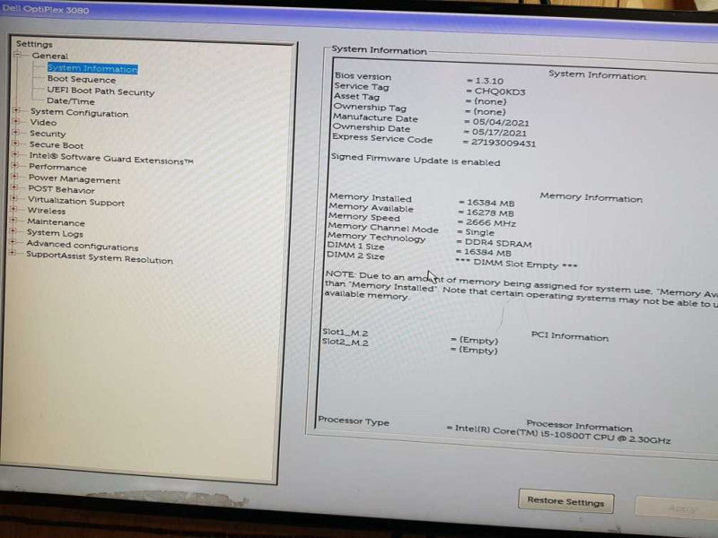 Dell Optiplex 3080 Core i5-10500T CPU @ 2.30GHz Micro 16GB DDR4 RAM  Q