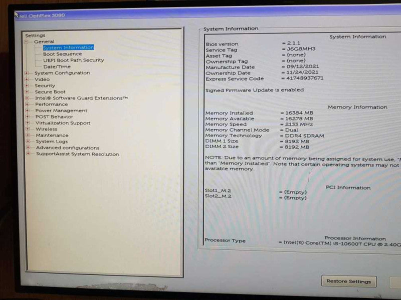 Dell Optiplex 3080 Core i5-10600T CPU @ 2.40GHz Micro 16GB DDR4 RAM