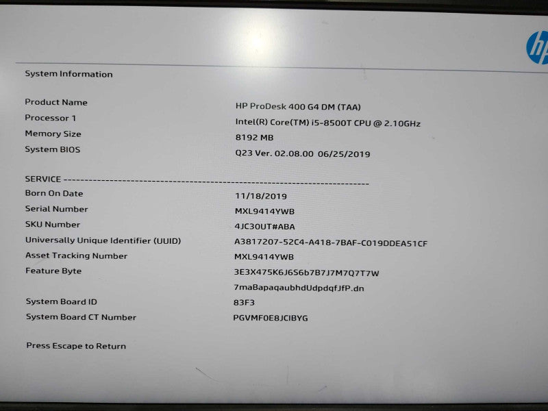 HP ProDesk 400 G4 FM I5-8500T @ 2.10ghz / 8gb ram / 256gb ssd Q#