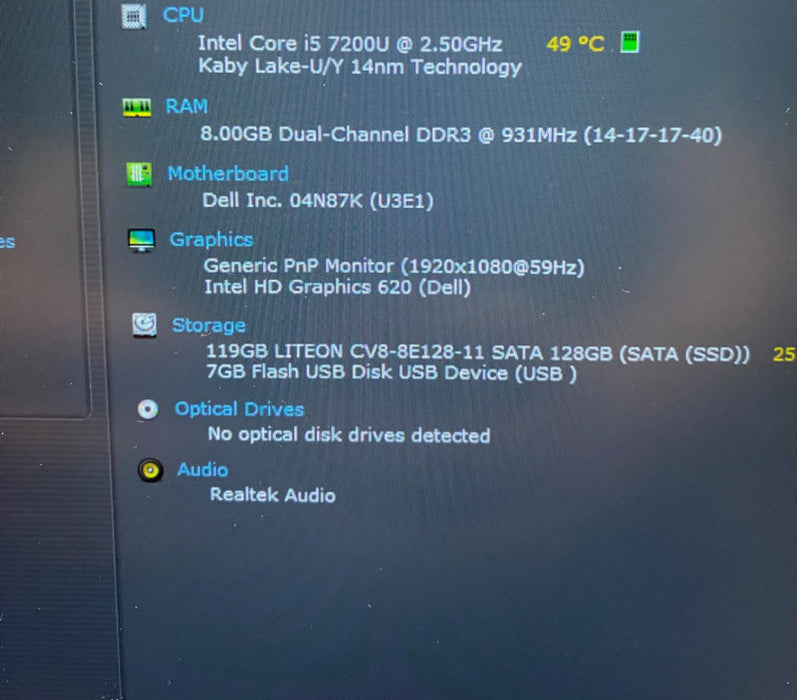 DELL XPS P54G Laptop Intel Core i5-7200U @2.50GHz 8GB RAM 128GB SSD