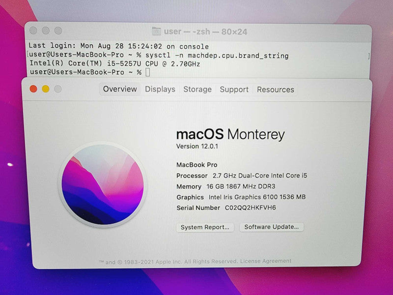 Apple Macbook Pro 2015 13\\" Core i5-5257U @ 2.7GHz 16GB DDR3 250GB SSD (