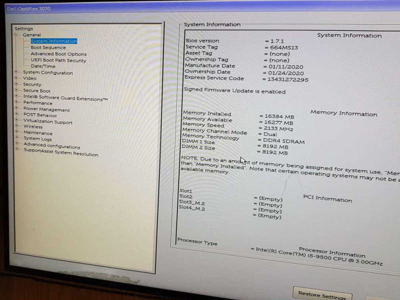 Dell Optiplex 3070 SFF Intel Core i5-9500 CPU @ 3.00Ghz 16GB DDR4 Ram
