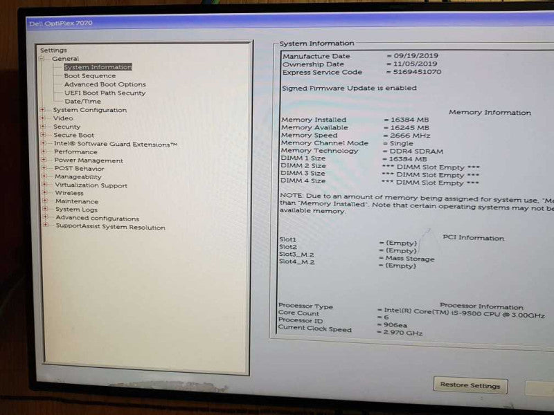 Dell OptiPlex 7070 SFF i5 - 9500 CPU  @ 3.00GHz  16GB DDR4  Ram