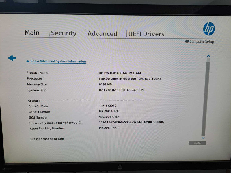HP ProDesk 400 G4 USFF i5-8500T @ 2.10GHz 8GB DDR4 No HDD/OS )
