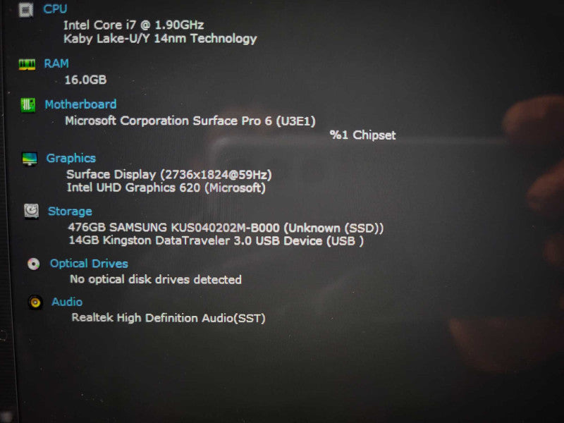 Surface Pro 5th Gen(1807) i7-8650U @ 1.9GHz 16GB RAM 500GB SSD READ $