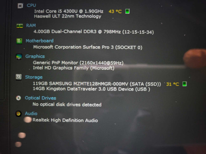 Surface Pro 3rd Gen (1631) i5-4300U @ 1.9GHz 4GB RAM 128GB SSD $
