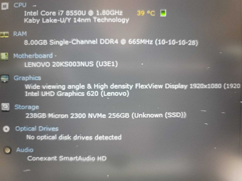 Lenovo ThinkPad E580 i7-8550U @ 1.80GHz, 8GB DDR4, 256GB NVMe Î²