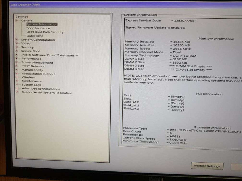 Dell Optiplex 7080 Intel(R) Core (TM) i5-10500 CPU @ 3.10GHz 16GB DDR4 Ram