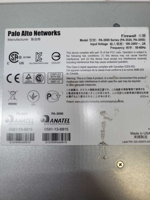 Palo Alto PA-3050 Firewall Security Appliance Q
