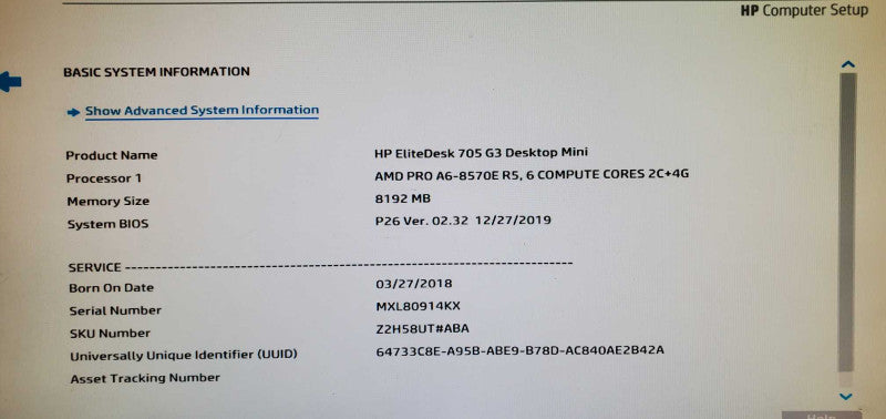 HP EliteDesk 705 G3 Desktop Mini A6-8570E 8GB DDR4 NO HDD Q@