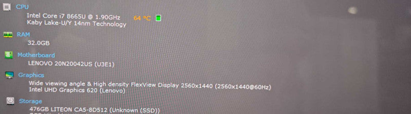 Lenovo ThinkPad T490 i7-8665U @ 1.90GHz 32GB DDR4 512GB NVMe 1440P Display