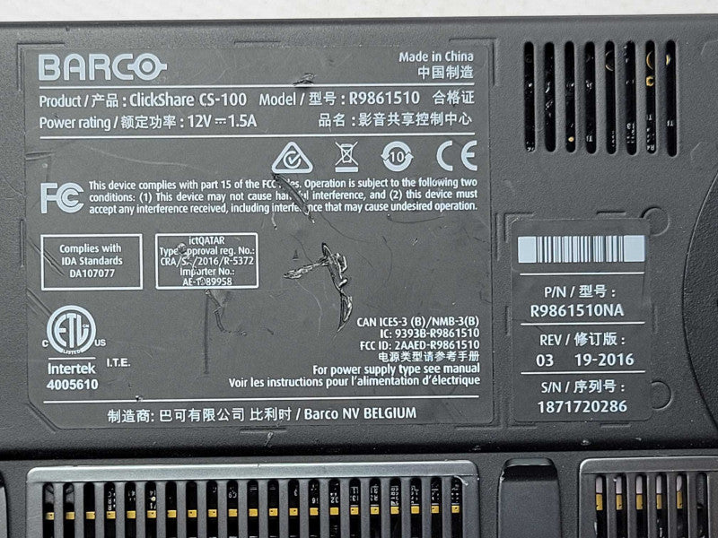 BARCO ClickShare CS-100 Wireless Presentation System R9861510, READ Q_