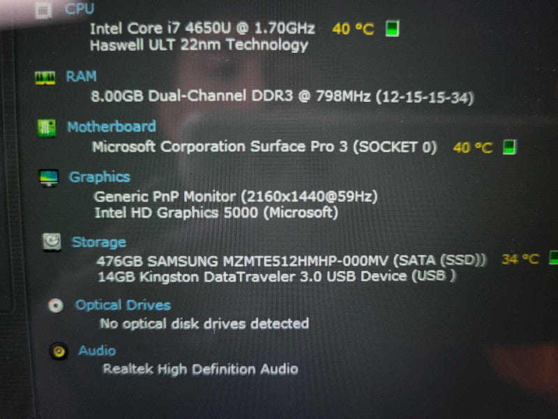 Surface Pro 4th Gen(1631) i7-4650U @ 1.7GHz 8GB RAM 500GB SSD READ $