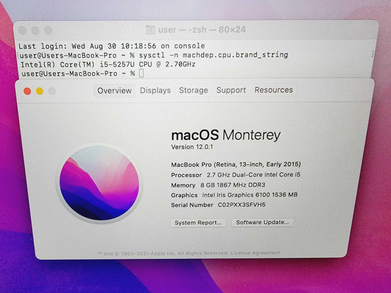 Apple Macbook Pro 2015 13\\" Core i5-5257U @ 2.7GHz 8GB DDR3 250GB SSD (