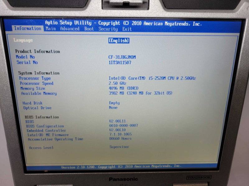 Panasonic ToughBook CF31- Core i5-2520M - 4GB RAM - NO HDD / No Caddy (READ)