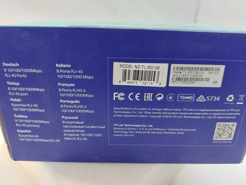 TP-Link 8-Port Gigabit Desktop Switch Model: TL-SG108