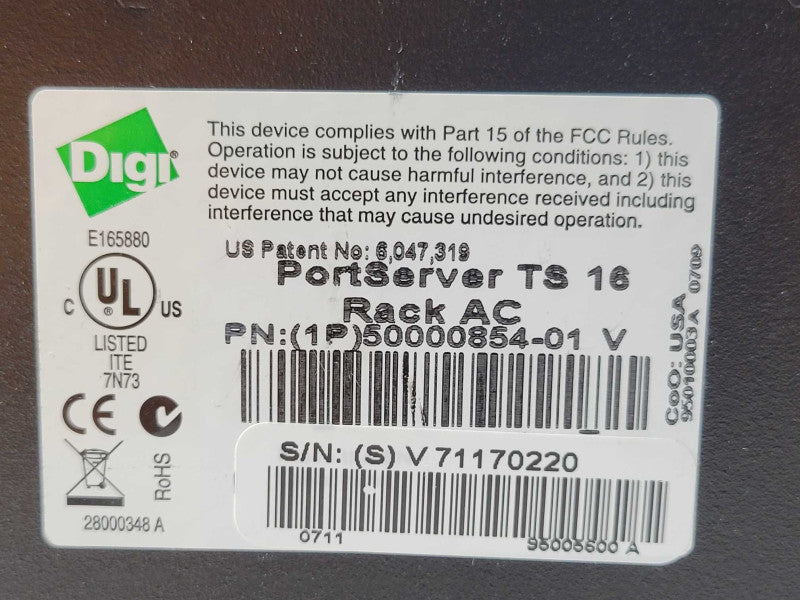 Digi PortServer TS 16 RACK AC Terminal Server P/N: 50000854-01 V, SEE _