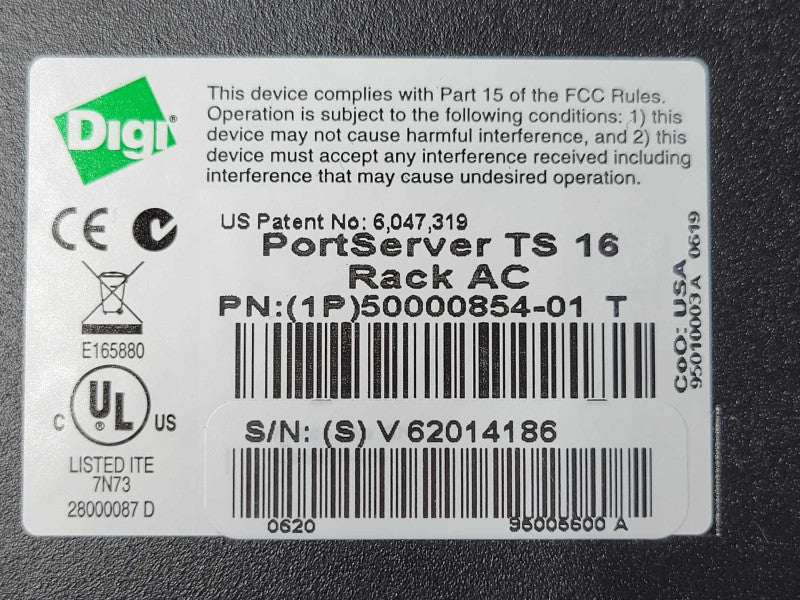 Digi PortServer TS 16 RACK AC Terminal Server P/N: 50000854-01 T, READ _