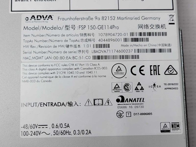 ADVA FSP 150-GE114Pro Network Carrier Ethernet Switch, READ _