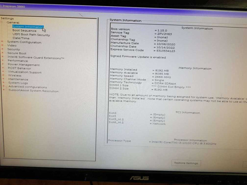 DELL INSPIRON 3880 i3-10100 CPU @ 3.60GHz 8GB  DDR4 RAM