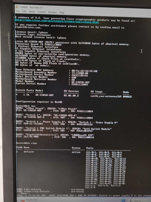 CISCO WS-C3850-48P-S 48 Port Gig PoE IP Base, 2x PSU, C3850-NM-4-1G, 2x PSU _