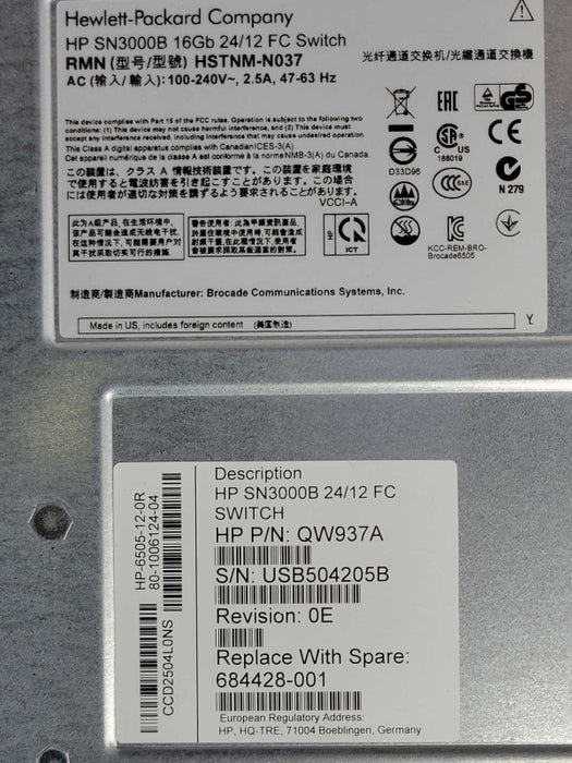 HP SN3000B QW937A 16Gb 24/12 24-Port active 16Gb FC Switch  _