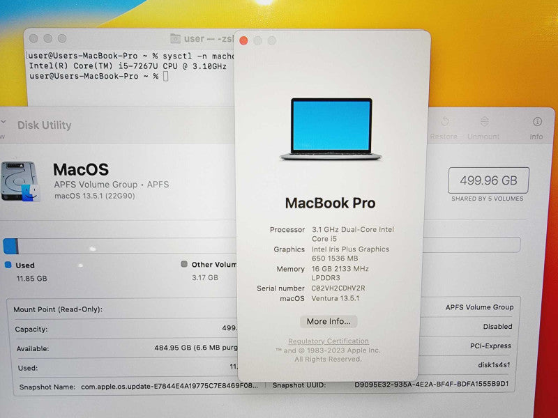 Apple Macbook Pro 2017 13\\" Core i5-7267U @ 3.1GHz 16GB DDR3 500GB SSD [Read] (