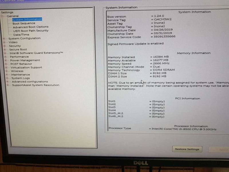 Dell  Optiplex  3060 SFF Intel i5- 8500 CPU @ 3.00GHz 16GB DDR4 RAM  Q