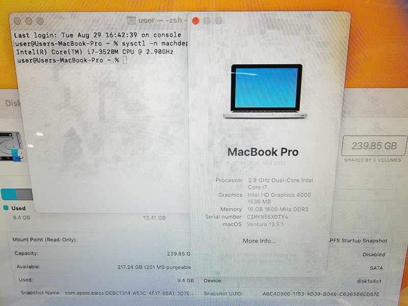 Apple Macbook Pro 2012 13\\" Core i7-3520M @ 2.9GHz 16GB DDR3 250GB SSD Ventura OS (